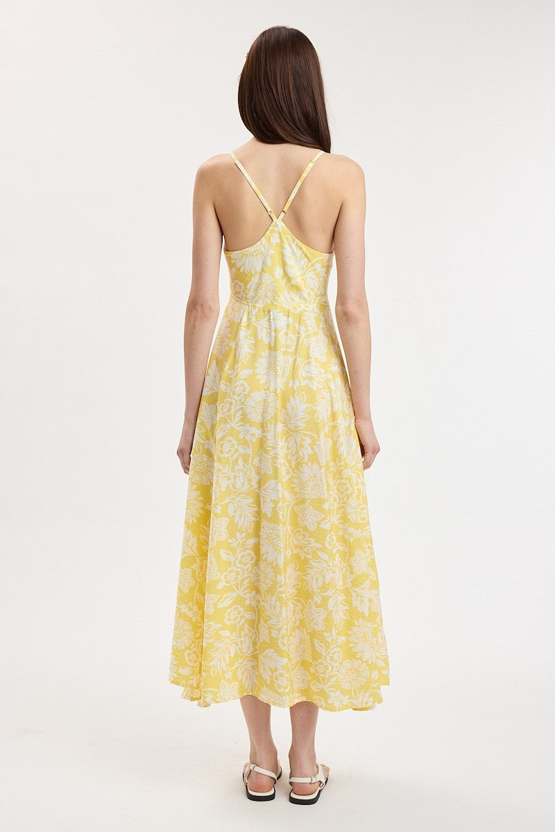 Yellow Floral Front Tie Racerback Midi Dress