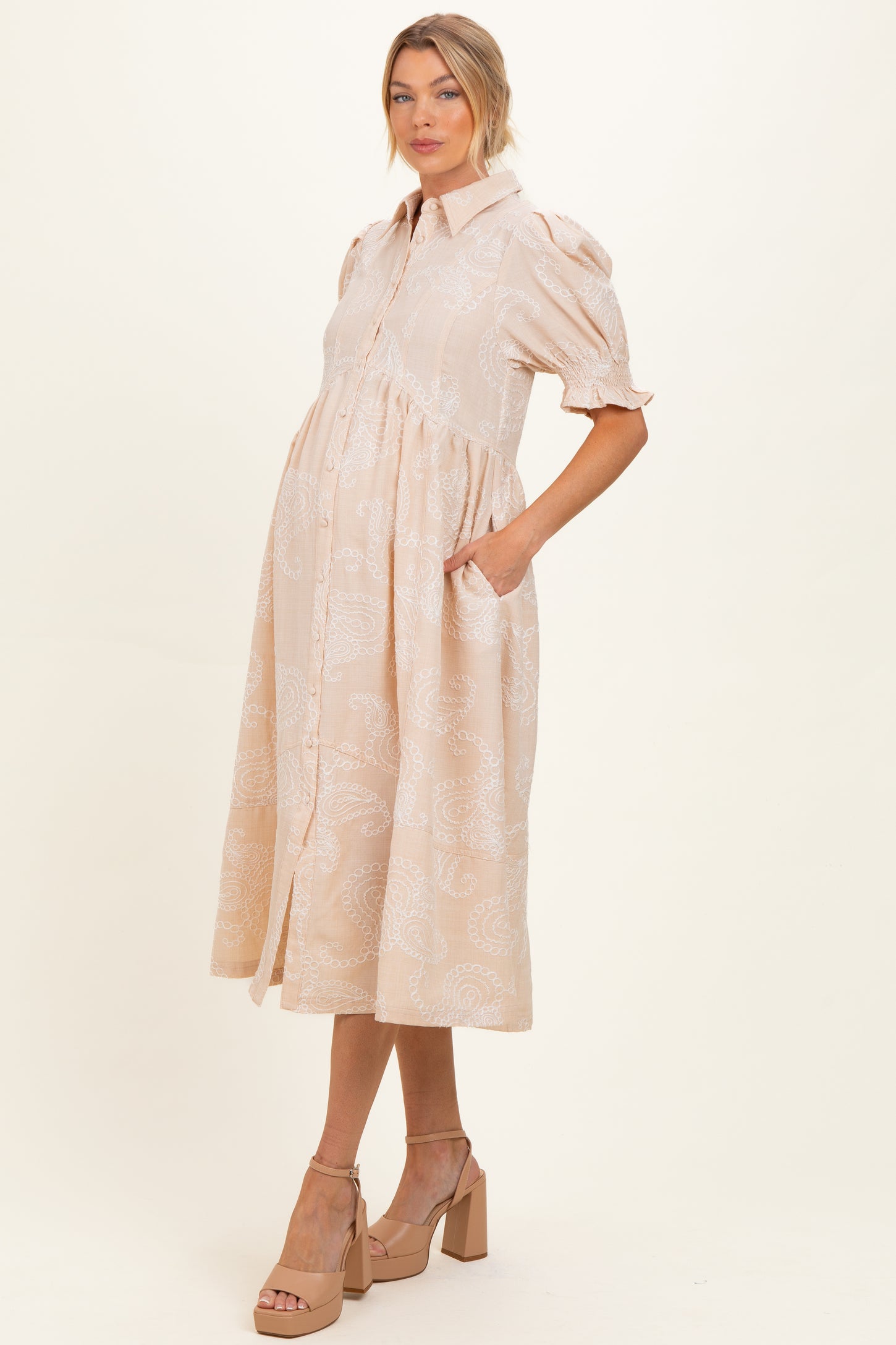 Stone Embroidered Maternity Midi Shirt Dress
