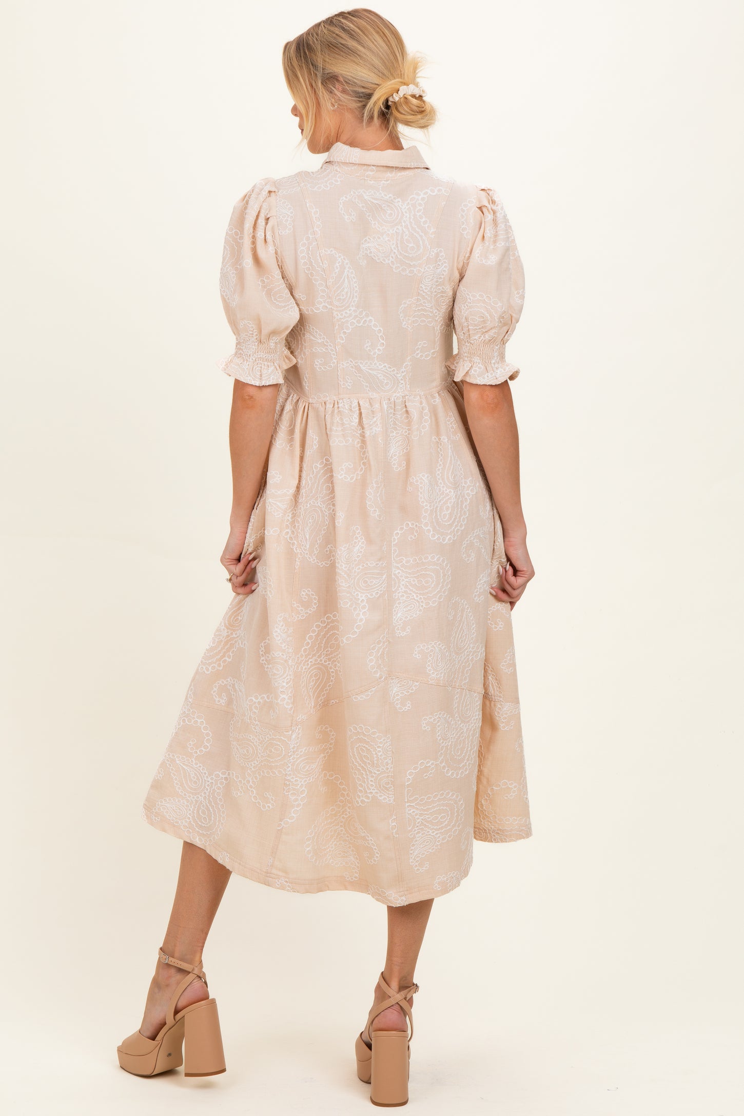 Stone Embroidered Maternity Midi Shirt Dress