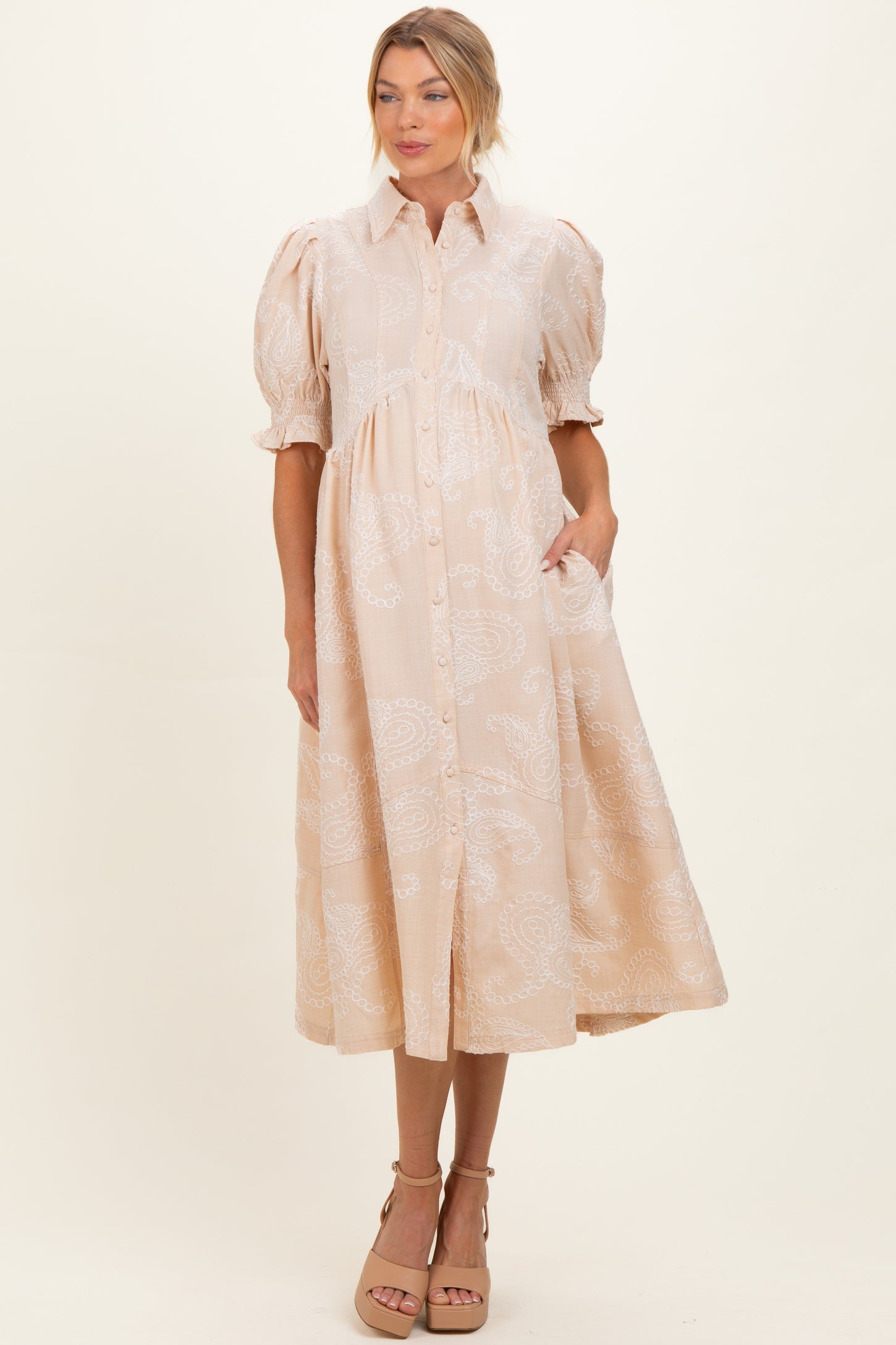 Stone Embroidered Maternity Midi Shirt Dress