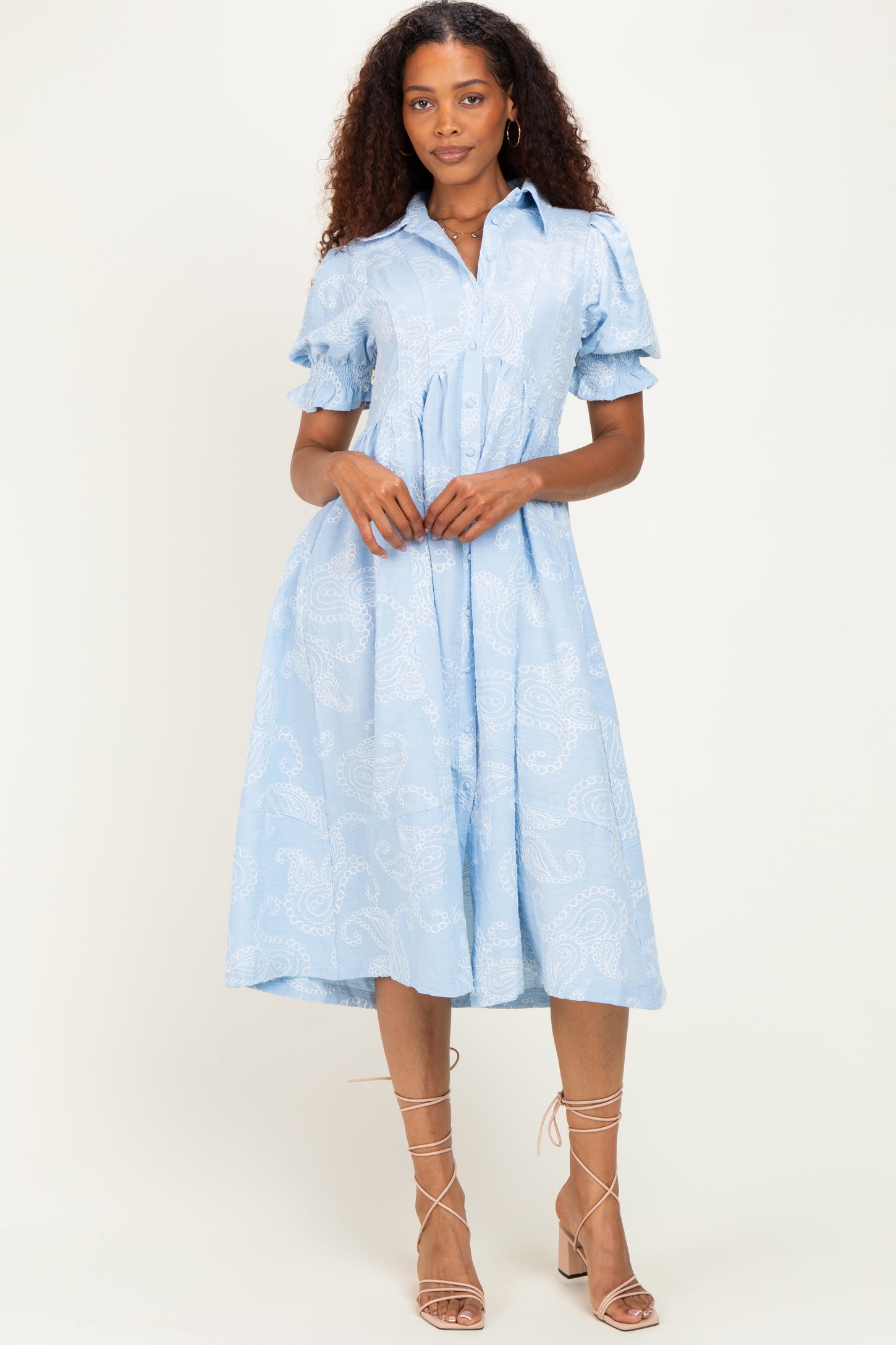 Light Blue Embroidered Midi Shirt Dress