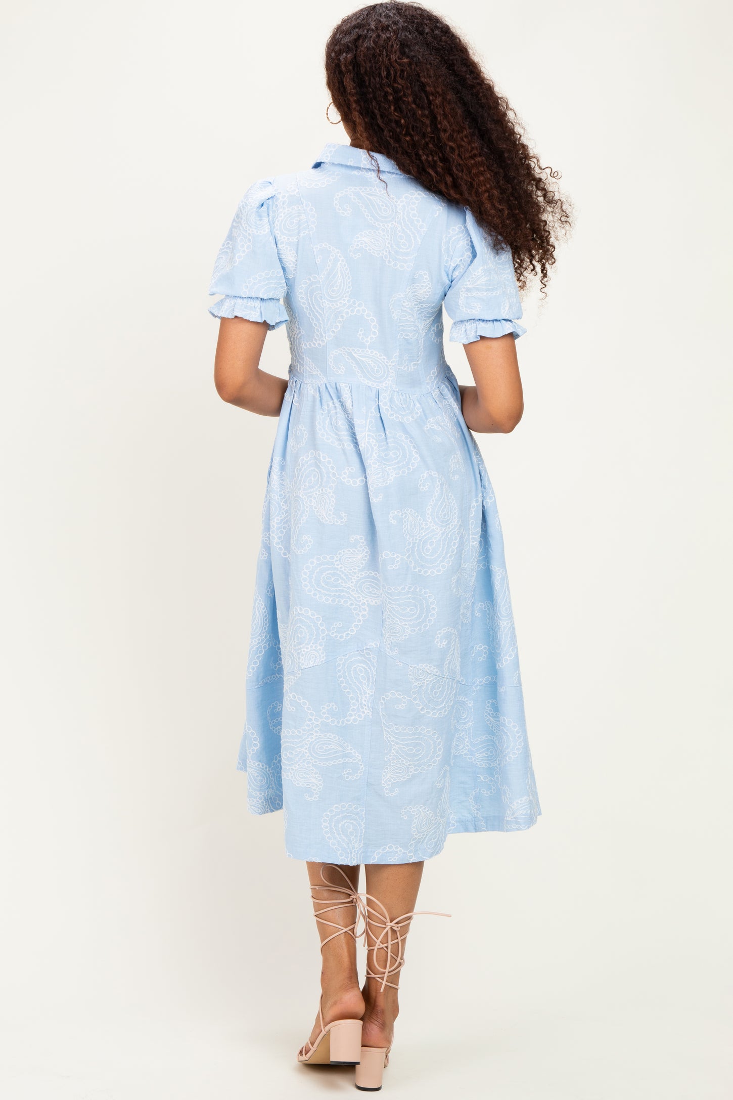 Light Blue Embroidered Midi Shirt Dress