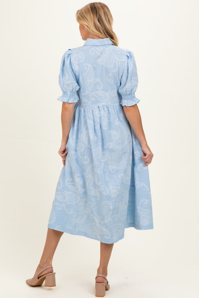 Light Blue Embroidered Maternity Midi Shirt Dress