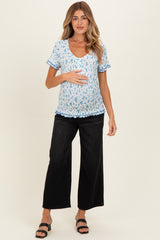 Blue Floral Ruffle Trim Henley Short Sleeve Maternity Top