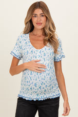 Blue Floral Ruffle Trim Henley Short Sleeve Maternity Top
