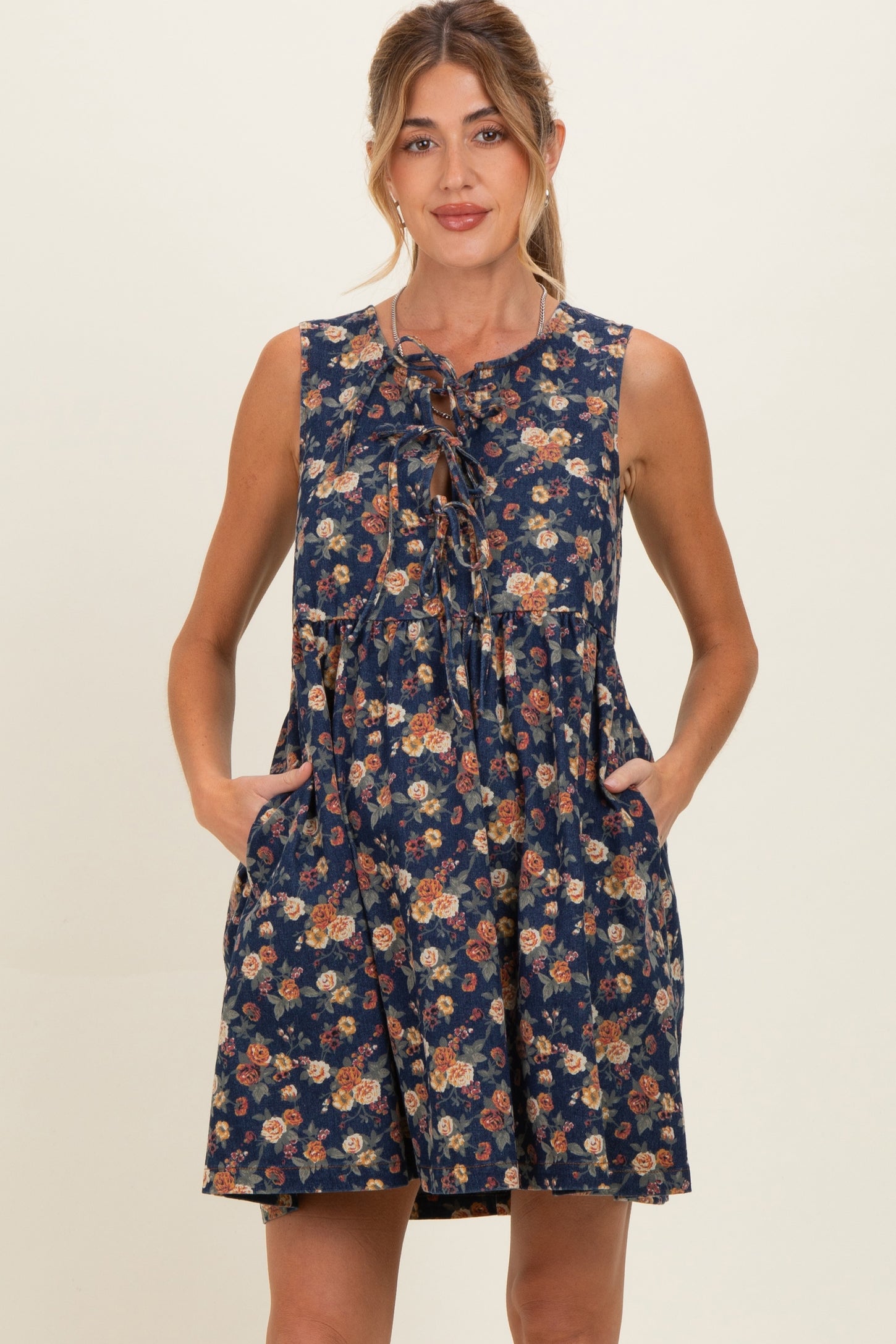 Dark Denim Floral Tie Front Maternity Mini Dress