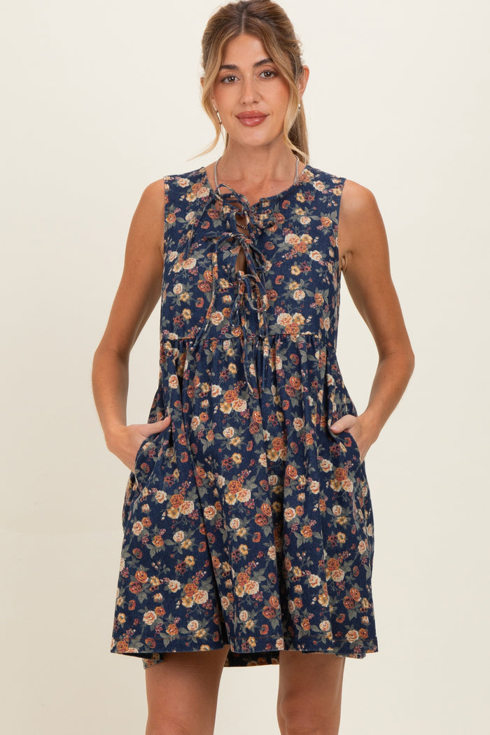 Dark Denim Floral Tie Front Maternity Mini Dress