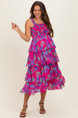 Fuchsia Floral Smocked Tiered Maternity Midi Dress