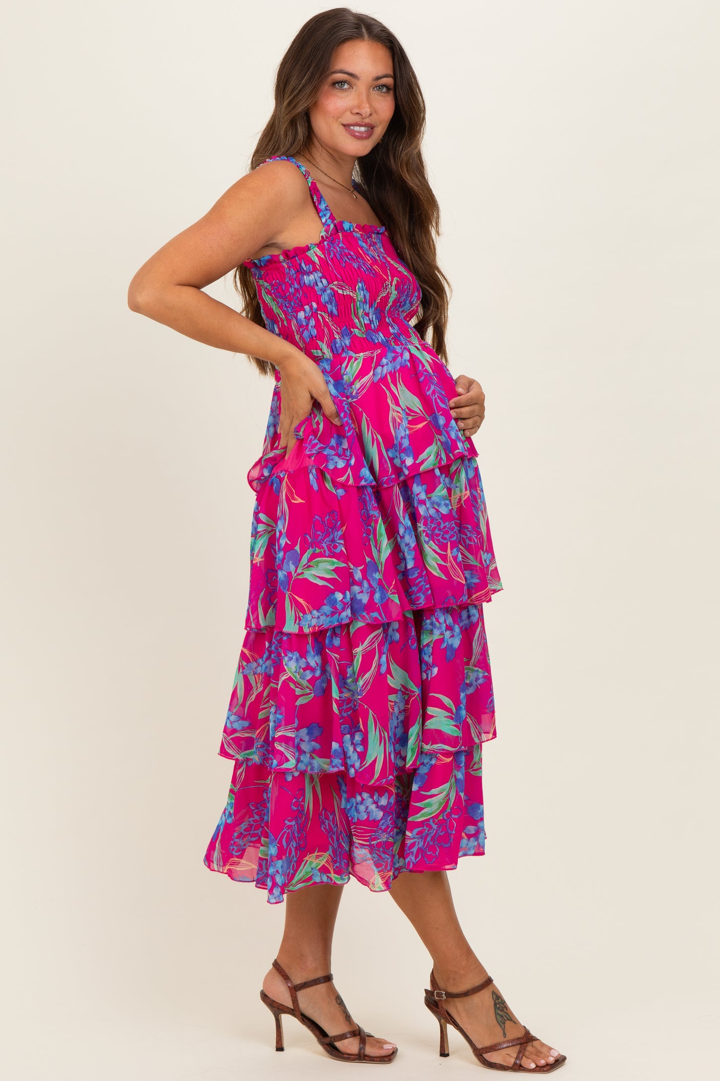 Fuchsia Floral Smocked Tiered Maternity Midi Dress