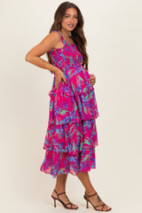 Fuchsia Floral Smocked Tiered Maternity Midi Dress