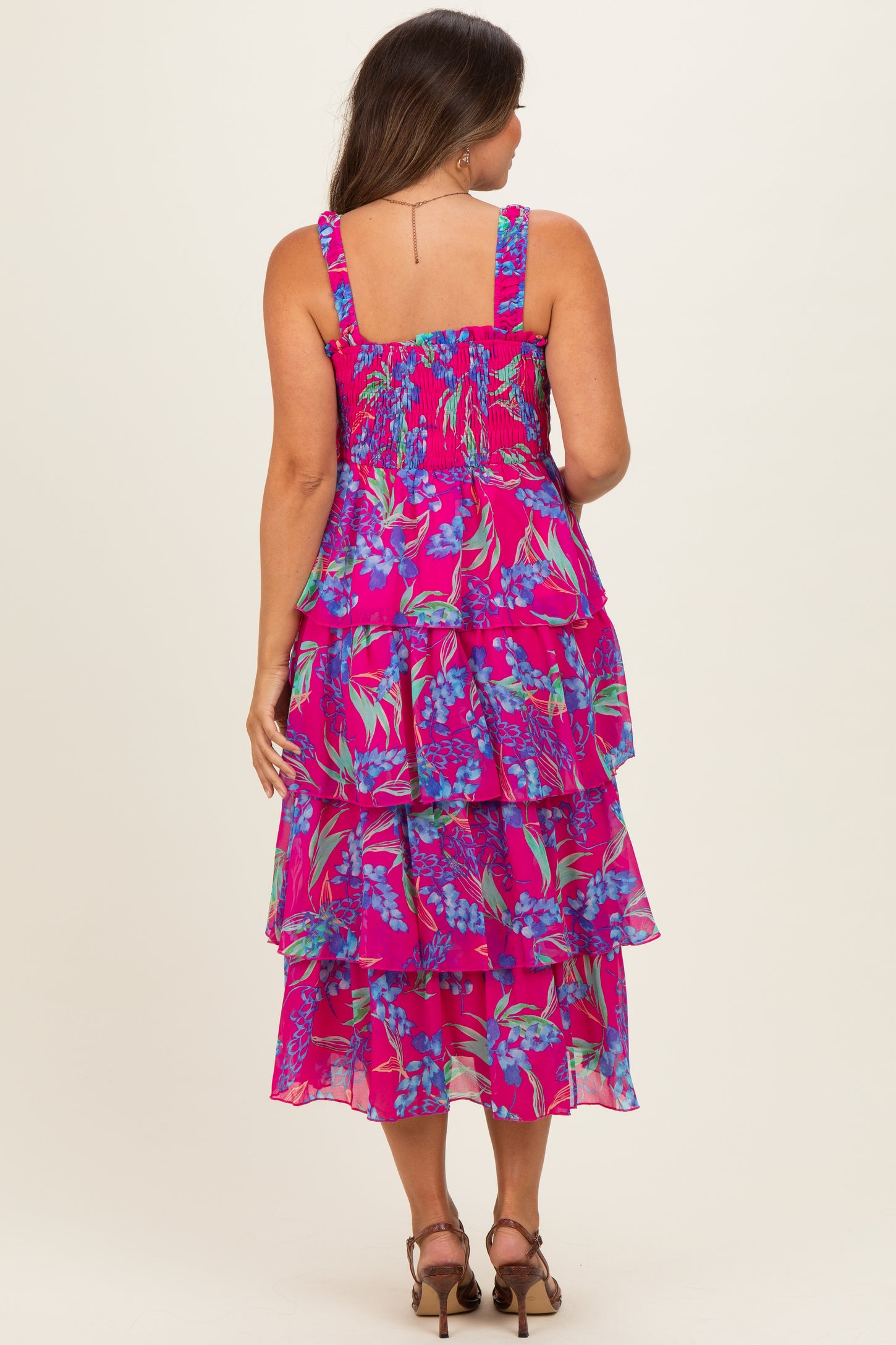 Fuchsia Floral Smocked Tiered Maternity Midi Dress