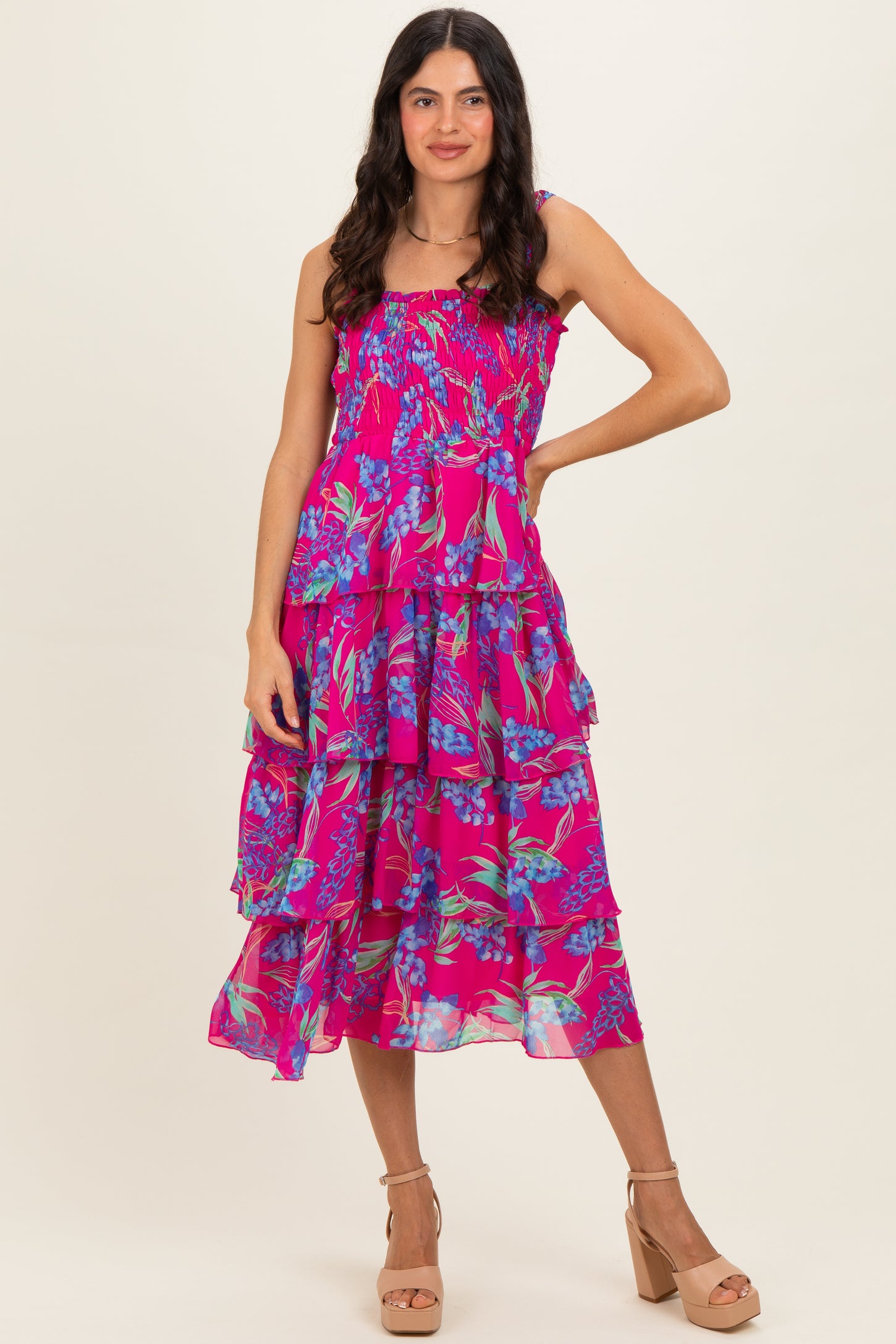 Fuchsia Floral Smocked Tiered Maternity Midi Dress