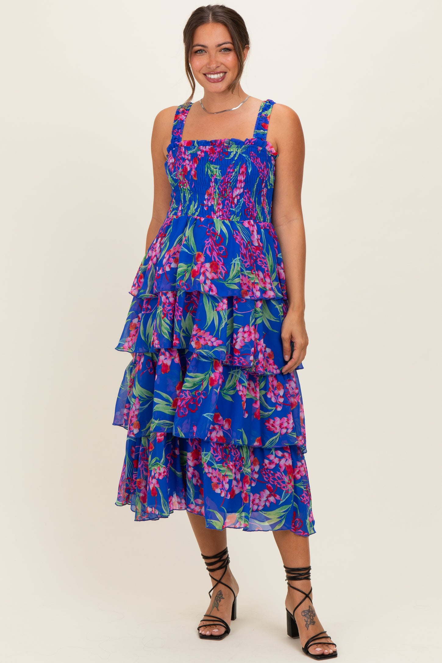 Royal Blue Floral Smocked Tiered Maternity Midi Dress