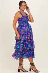 Royal Blue Floral Smocked Tiered Maternity Midi Dress