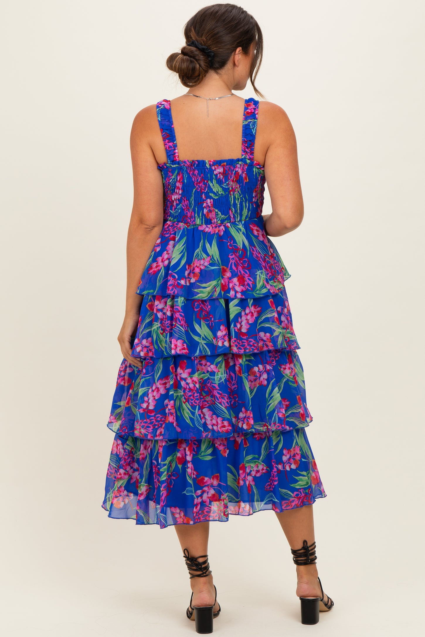 Royal Blue Floral Smocked Tiered Maternity Midi Dress