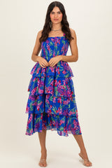 Royal Blue Floral Smocked Tiered Maternity Midi Dress