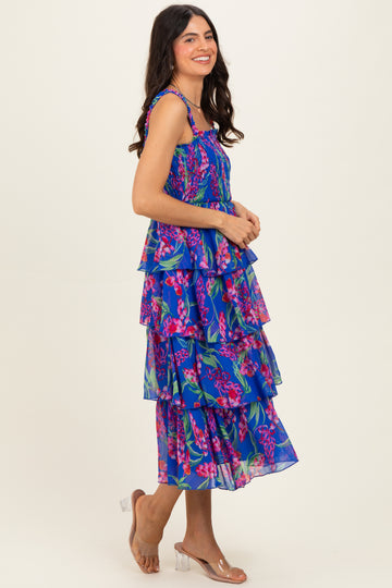 Royal Blue Floral Smocked Tiered Midi Dress