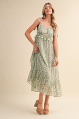 Light Mint Floral Tassel Strap Midi Dress