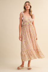 Light Pink Floral Tassel Strap Maternity Midi Dress