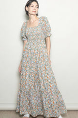 Cream Vintage Floral Smocked Puff Sleeve Maternity Maxi Dress