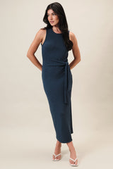 Midnight Jacquard Sleeveless Side Tie Midi Dress