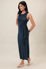 Midnight Jacquard Sleeveless Side Tie Midi Dress