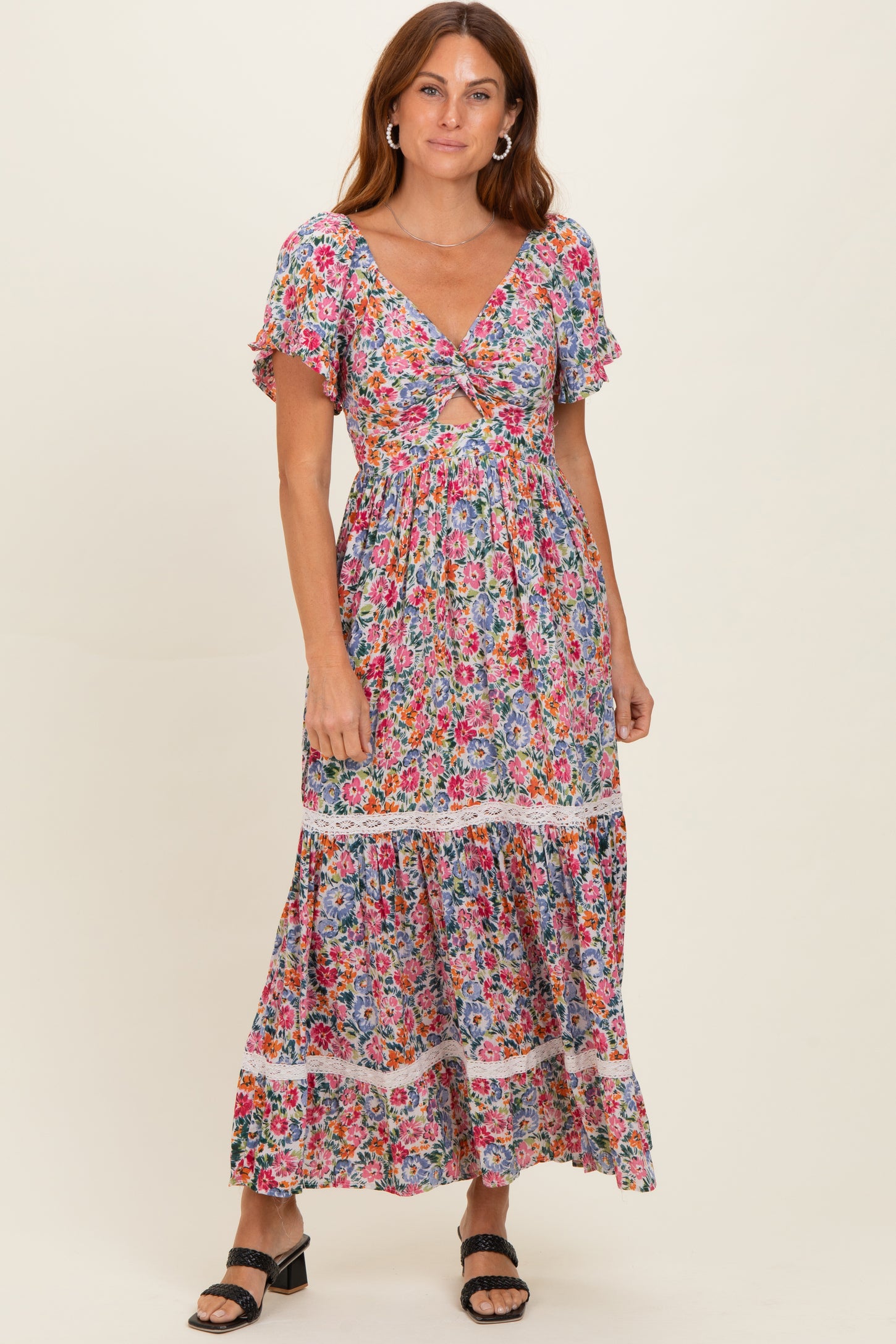 Ivory V Neck Twist Front Cut Out Floral Print Maxi Dress