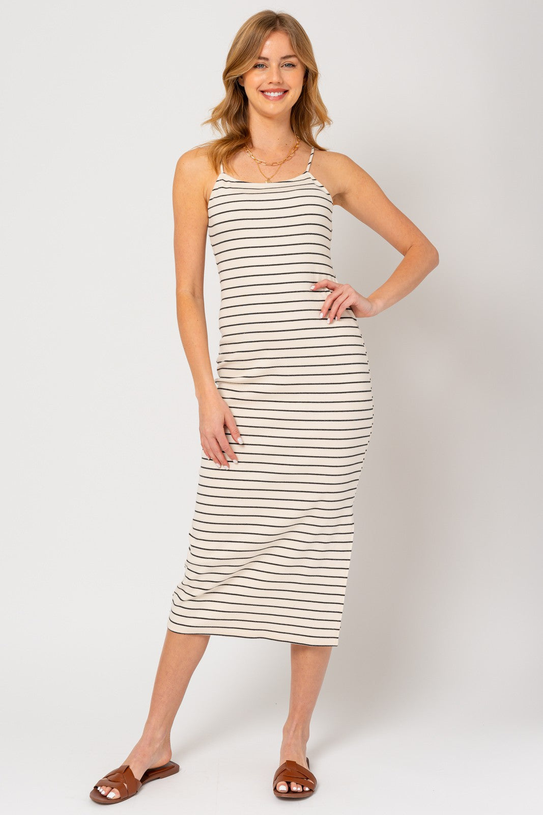 Cream Striped Sleeveless Side Slit Midi Dress
