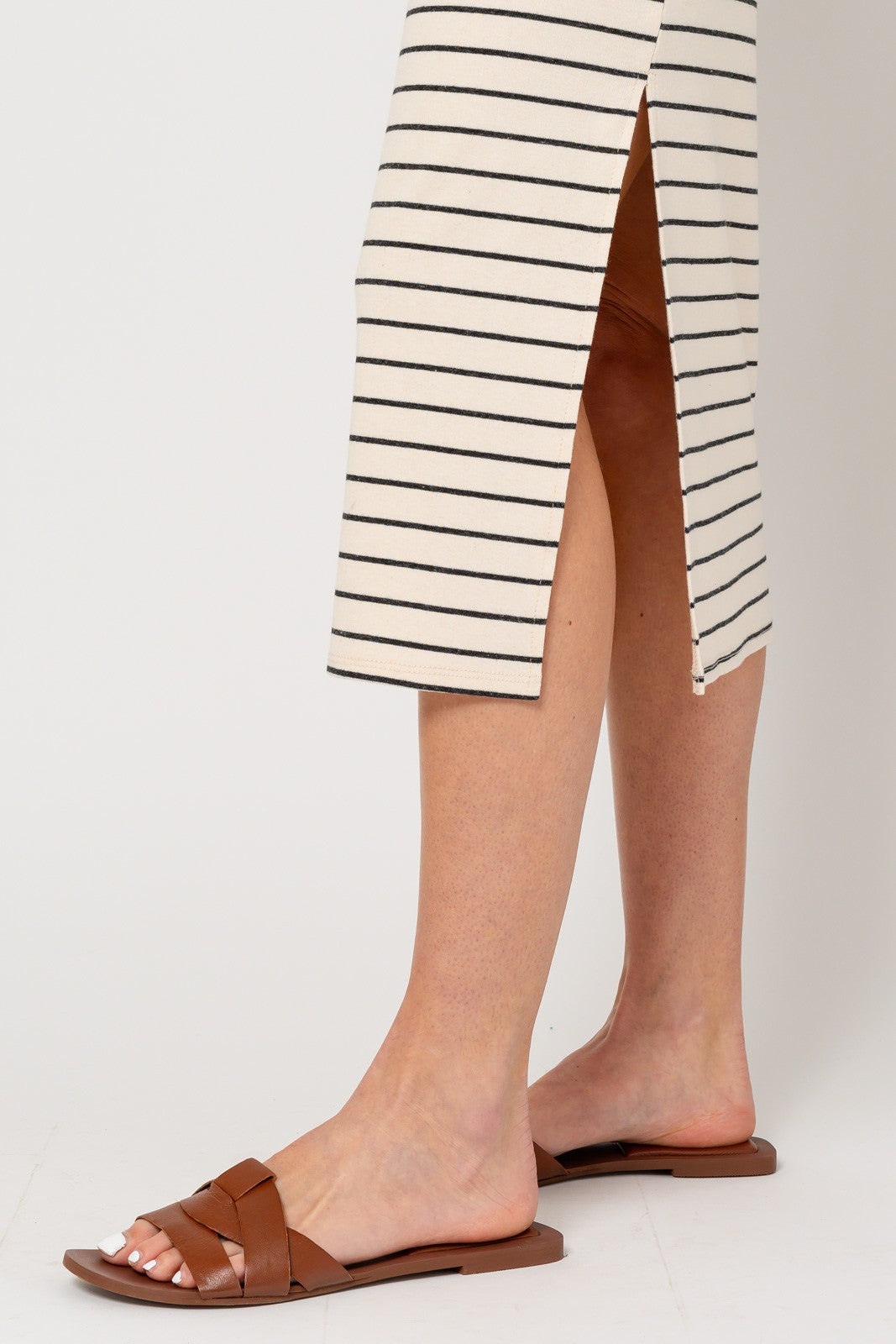 Cream Striped Sleeveless Side Slit Midi Dress