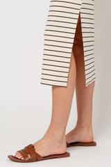 Cream Striped Sleeveless Side Slit Midi Dress