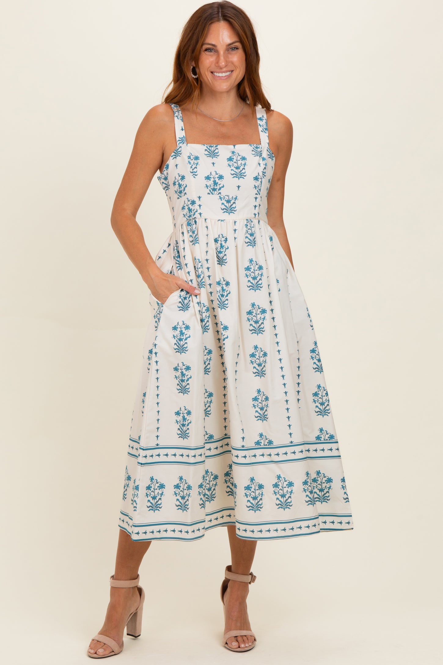 Cream Floral Square Neck Maternity Midi Dress