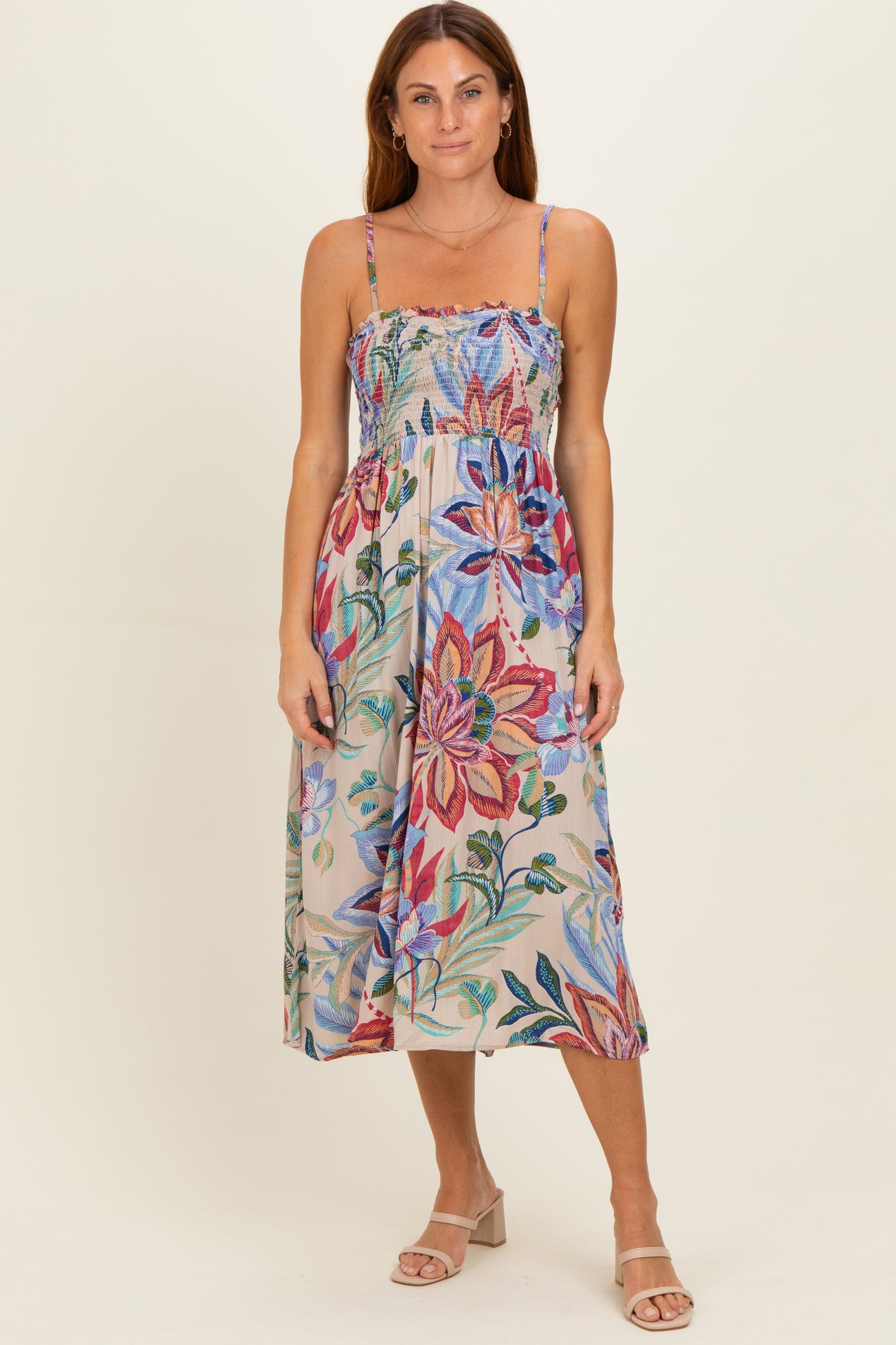 Grey Smocked Cinch Bust Maternity Midi Dress