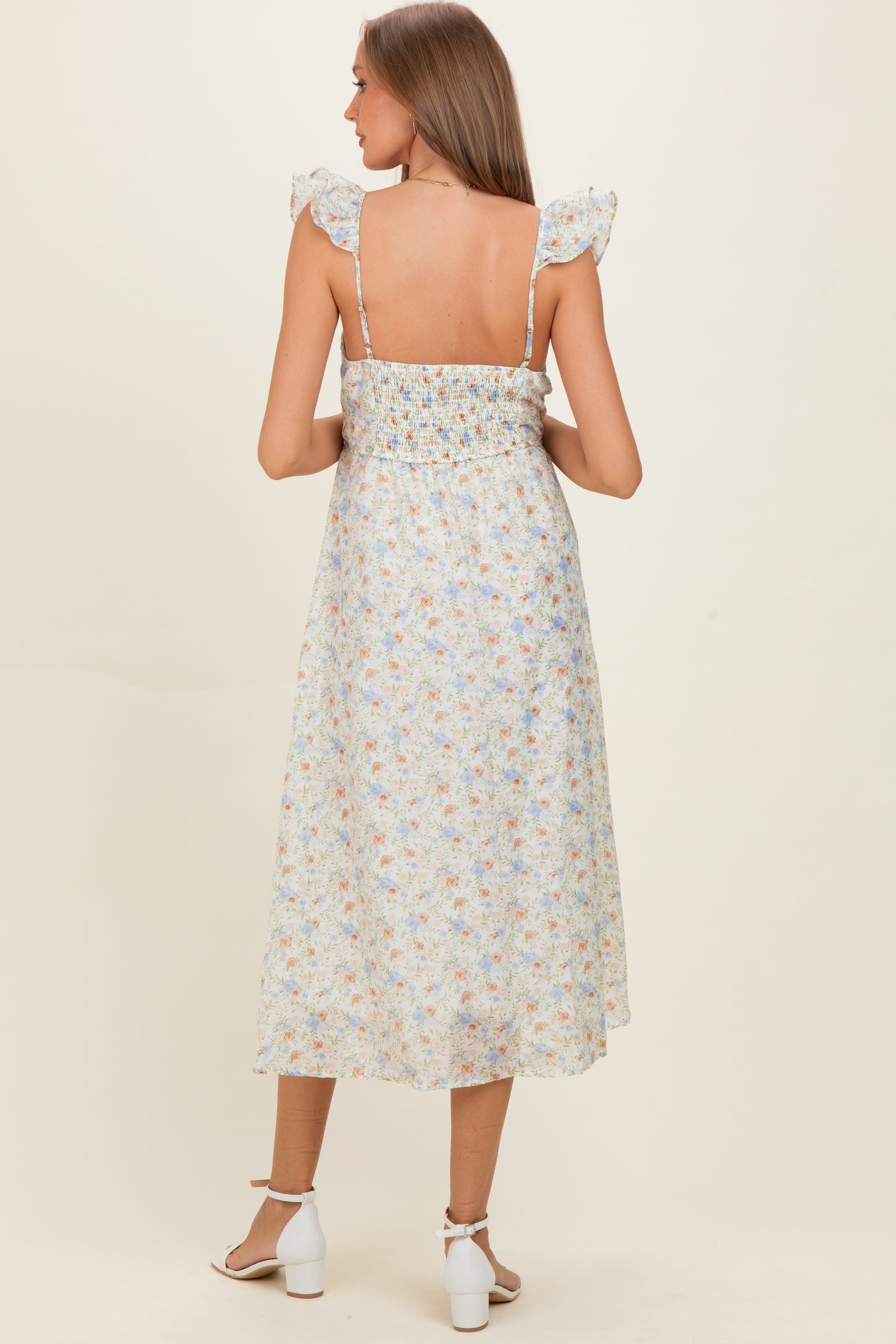 Ivory Floral Ruffle Strap Maternity Midi Dress