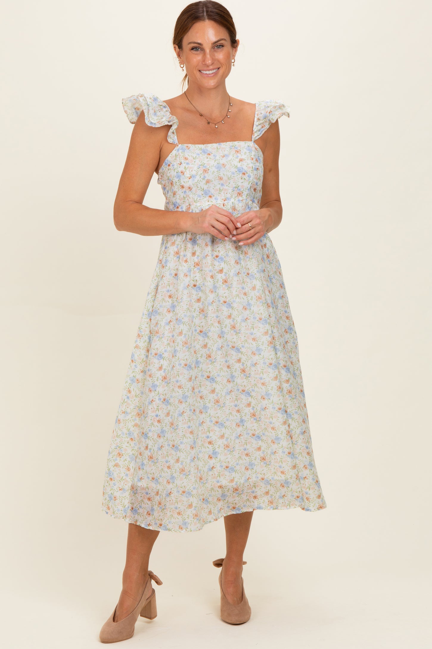 Ivory Floral Ruffle Strap Maternity Midi Dress