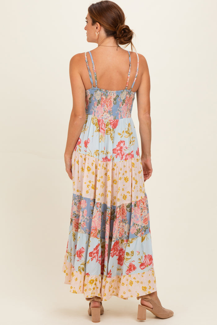 Multicolor Printed Lace Inset Tiered Maxi Dress