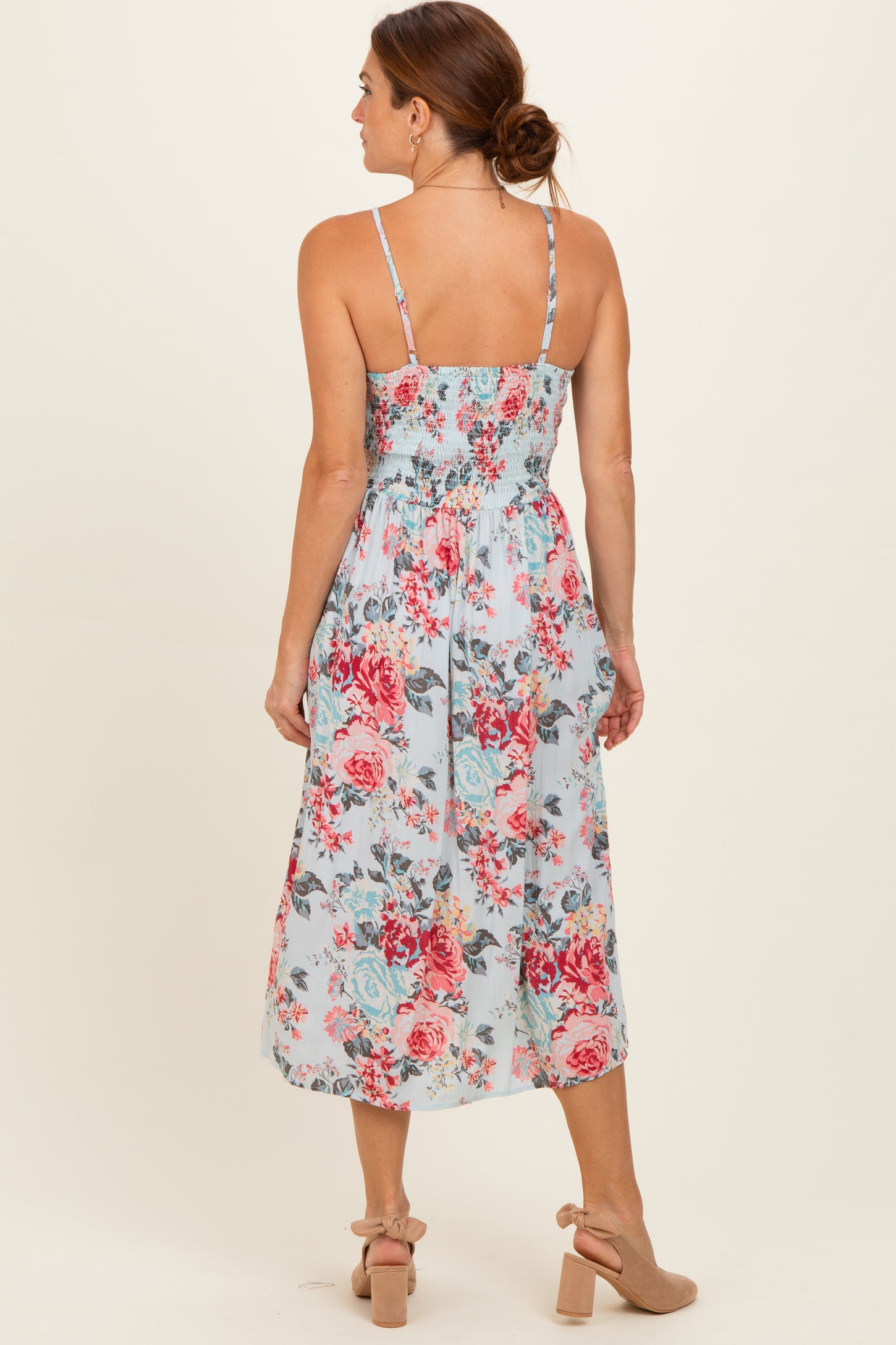 Blue Floral Twisted Front Cutout Midi Dress