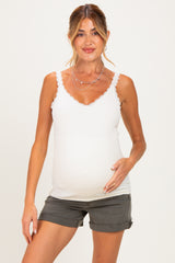 Olive Raw Edge Cuffed Maternity Denim Shorts
