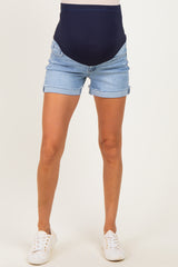 Light Blue Raw Edge Cuffed Maternity Denim Shorts