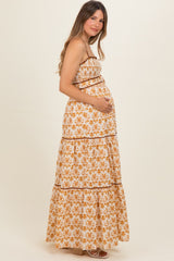 Camel Printed Smocked Maternity Maxi Dress