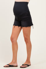 Black Distressed Frayed Hem Maternity Denim Shorts