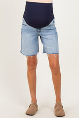 Light Blue Raw Hem Maternity Midi Denim Shorts