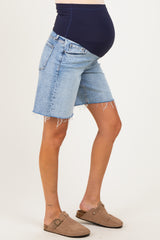 Light Blue Raw Hem Maternity Midi Denim Shorts