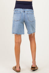 Light Blue Raw Hem Maternity Midi Denim Shorts