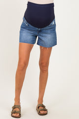 Blue Medium Wash Raw Hem Maternity Denim Shorts