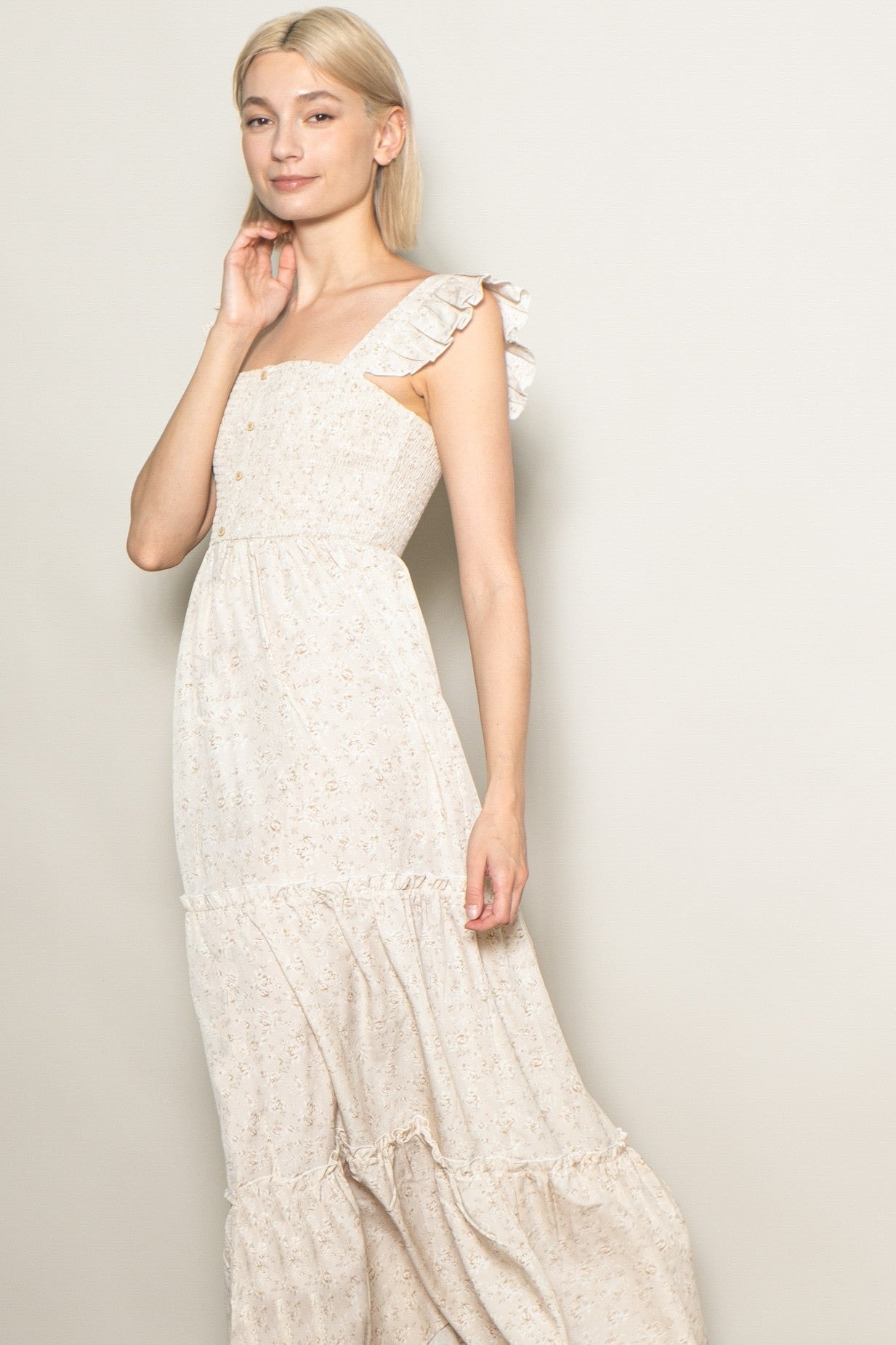 Cream Floral Ruffle Tier Button Detail Maxi Dress
