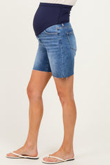 Blue Raw Cut Hem Mid Length Maternity Denim Shorts
