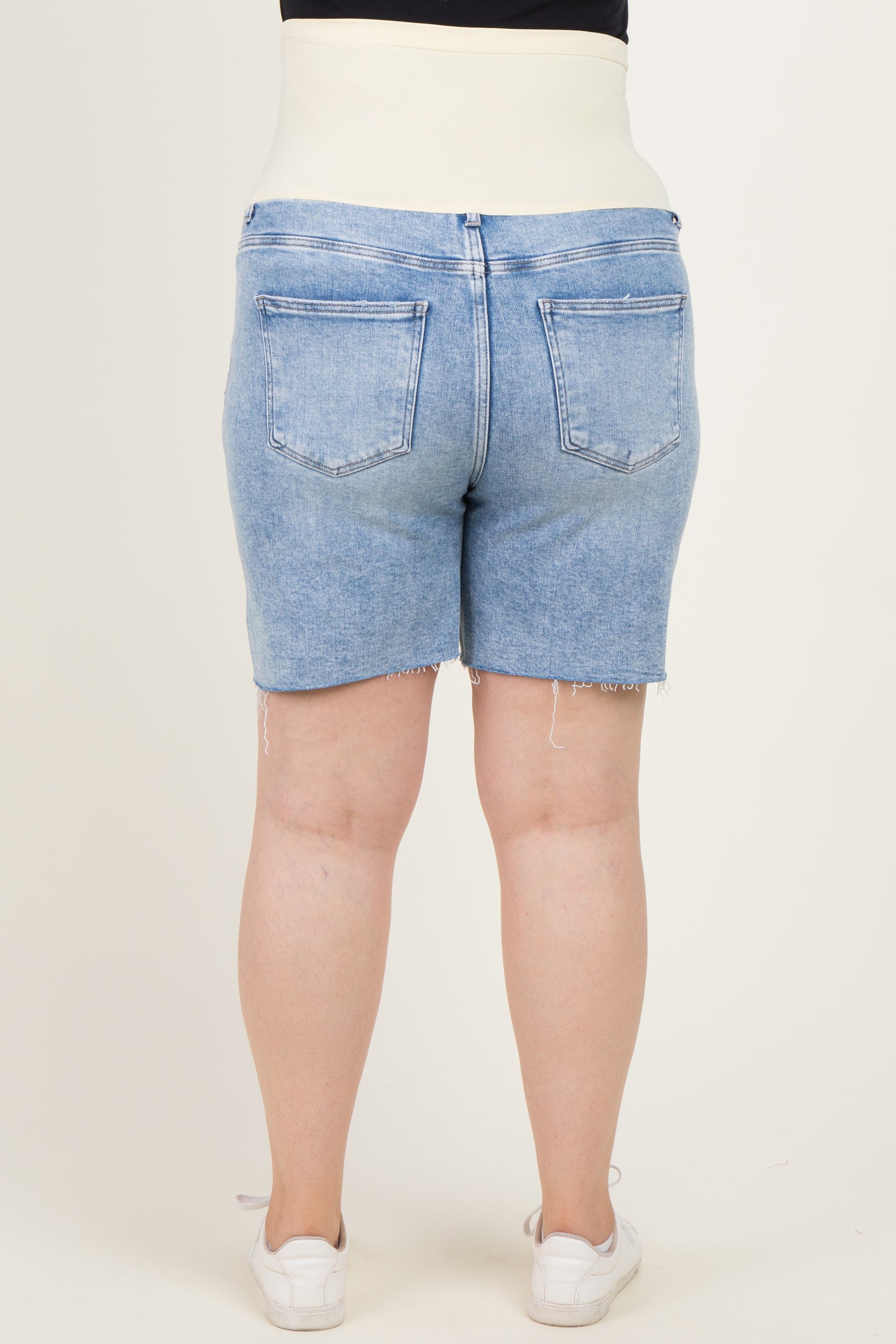 Blue Raw Cut Hem Mid Length Maternity Plus Denim Shorts