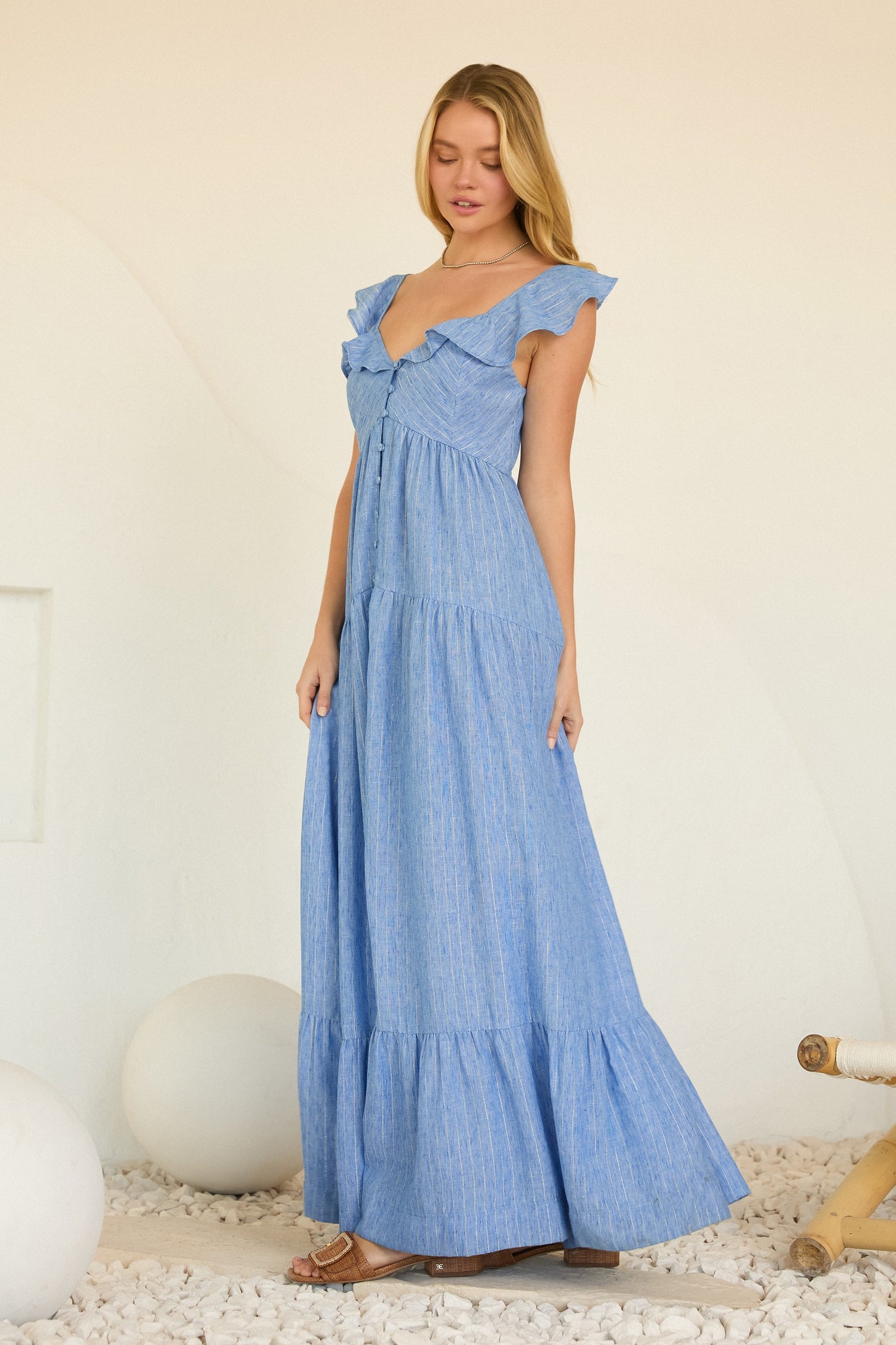 Blue Striped Flounce Neckline Button Down Maxi Dress