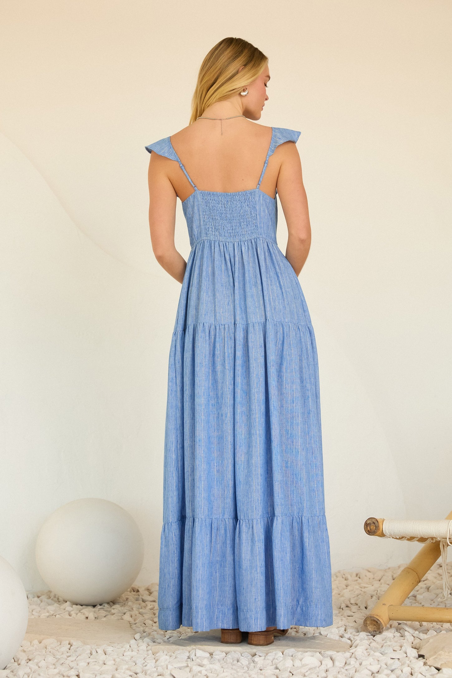 Blue Striped Flounce Neckline Button Down Maxi Dress