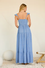 Blue Striped Flounce Neckline Button Down Maxi Dress